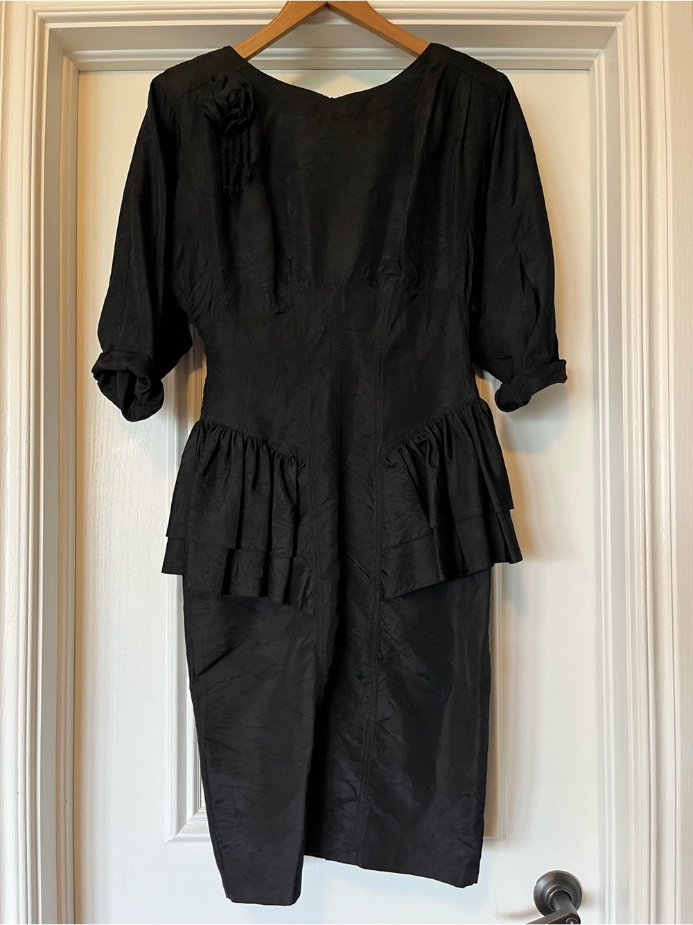 Vintage 80s Size 4 Black Corset Ruffle Waist Pencil Dress Karen Alexander